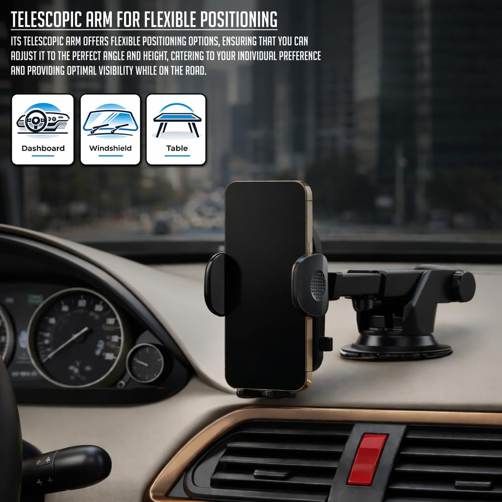 Lapster Autogrip C1 car Mobile Holder for Dashboard with 360 Degree Rotation, Secure Hold Grip, Vacuum Lock Base, One-Hand Operation, Impact-Resistant Design, Mobile Holder for car (Black)