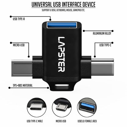 Lapster Plugx3 OTG 2 in 1 Adapter Micro USB + Type C to USB Female Connector