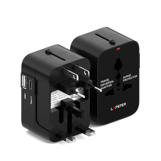 Lapster Universal Travel Adapter with Type C 1 USB, 1 USB-C with 2.4A (Black)