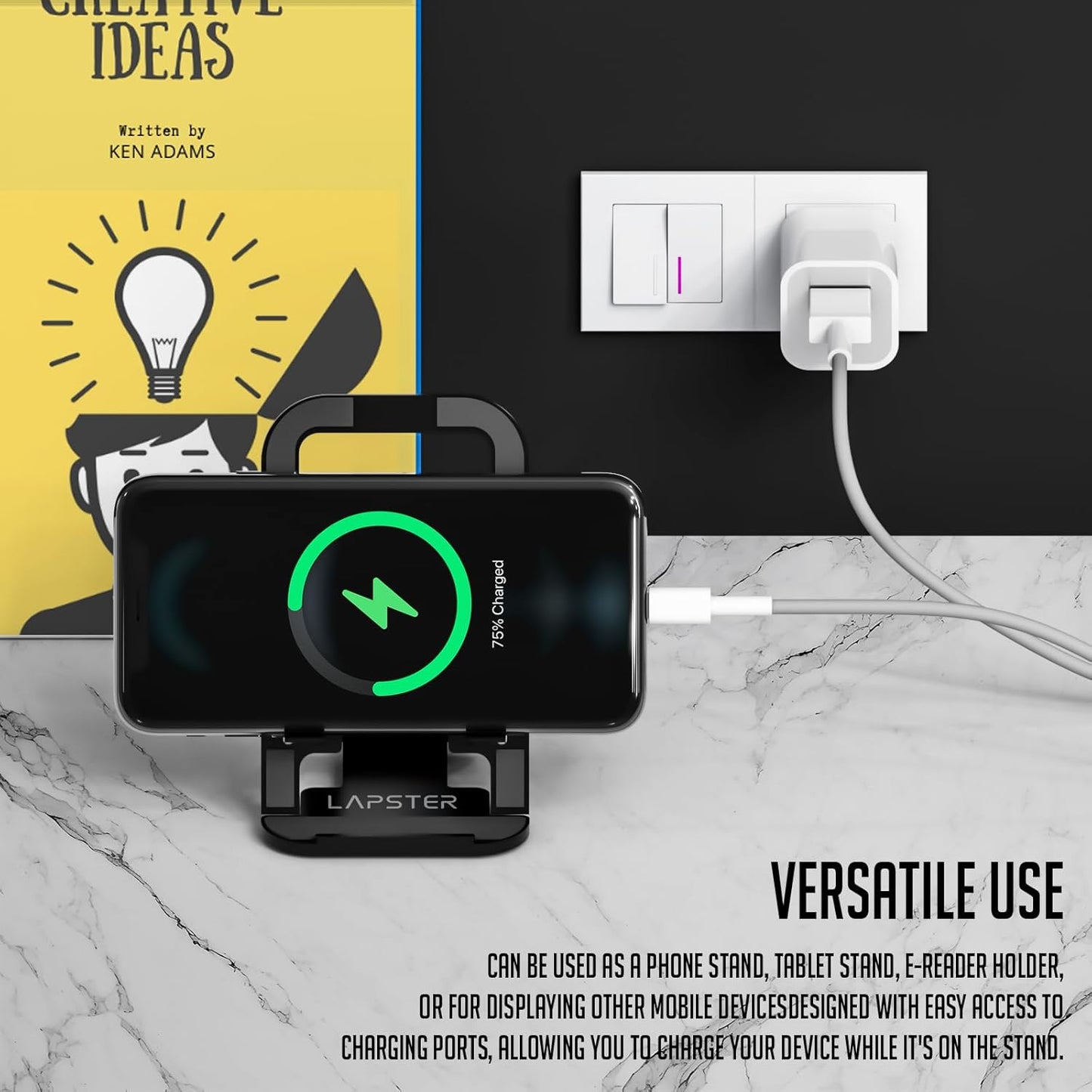 Lapster Black Desktop Foldable Mobile and Tablet Holder, Designed with ABS Material