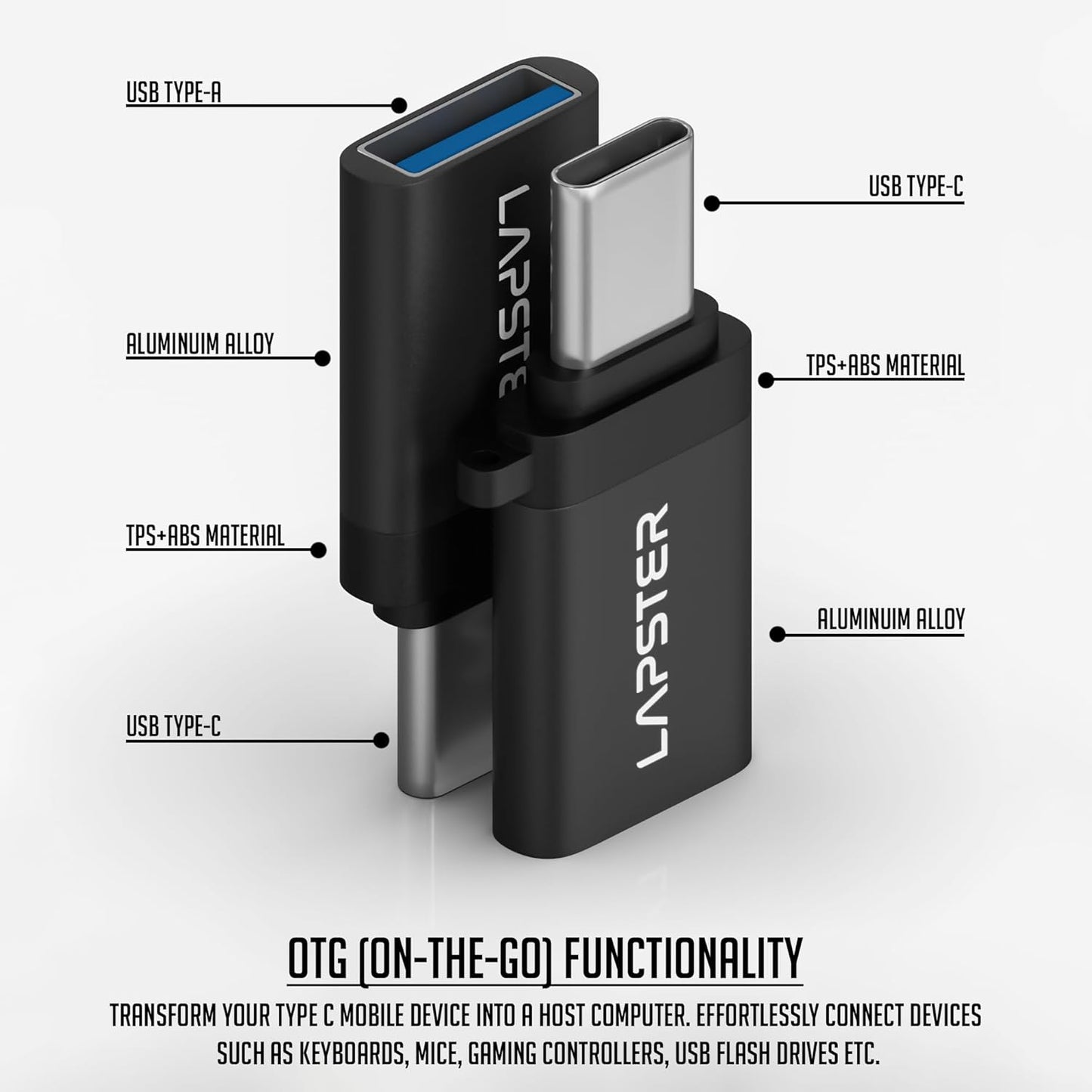LAPSTER Quality Assured Plugx2 USB 3.0 to Type C OTG Adaptor,10Gbps High Speed Data Transfer
