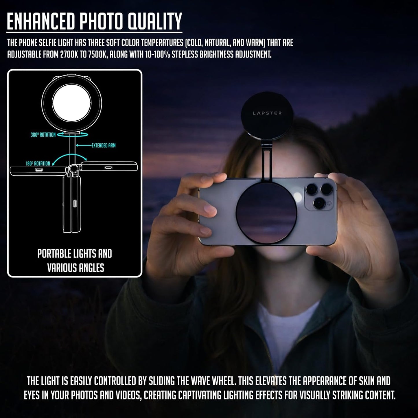 Lapster Luma Flex Magnetic Selfie Ring Light with Makeup Mirror, 360¡ Rotatable, Type-C Rechargeable