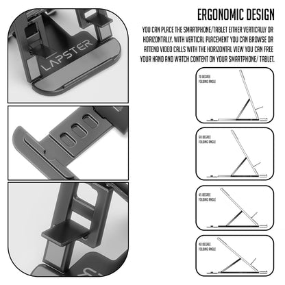 Lapster Black Desktop Foldable Mobile and Tablet Holder, Designed with ABS Material