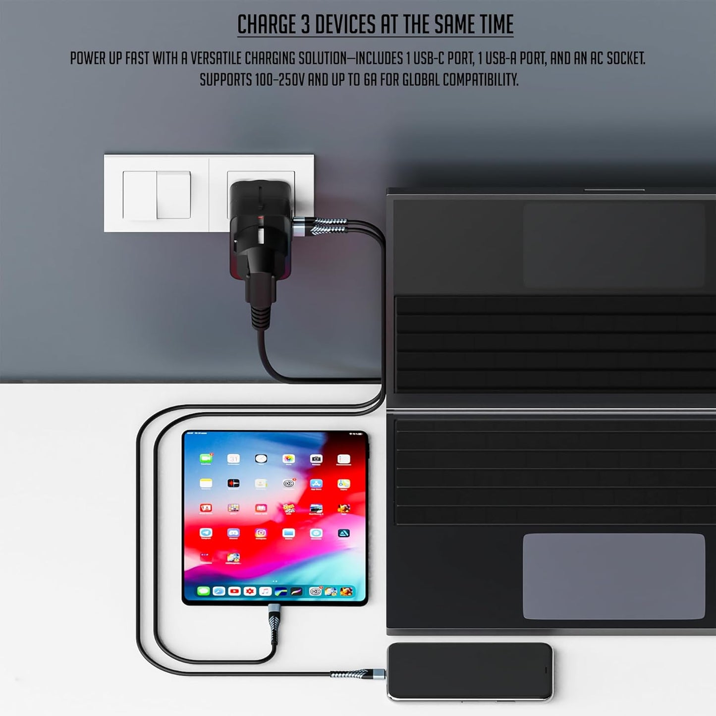 Lapster Universal Travel Adapter with Type C 1 USB, 1 USB-C with 2.4A (Black)