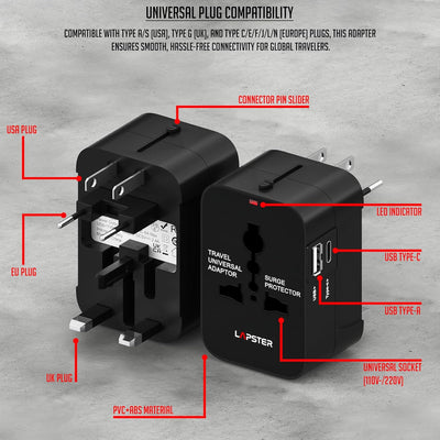 Lapster Universal Travel Adapter with Type C 1 USB, 1 USB-C with 2.4A (Black)