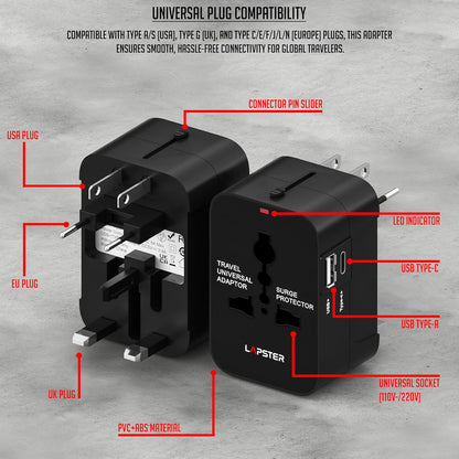 Lapster Universal Travel Adapter with Type C 1 USB, 1 USB-C with 2.4A (Black)