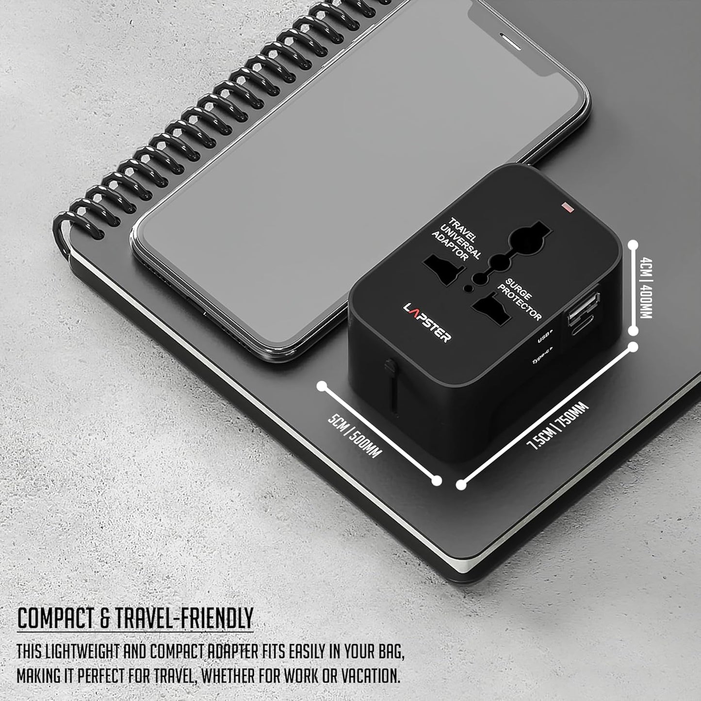 Lapster Universal Travel Adapter with Type C 1 USB, 1 USB-C with 2.4A (Black)