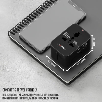 Lapster Universal Travel Adapter with Type C 1 USB, 1 USB-C with 2.4A (Black)
