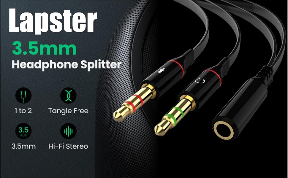 Lapster Gold Plated 2 Male to 1 Female 3.5mm Headphone Earphone Mic Audio Y Splitter Cable Ð Black